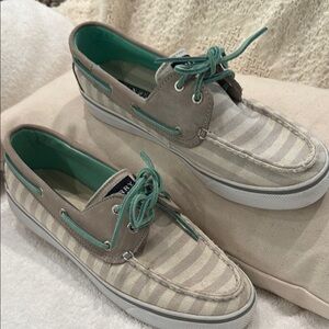 Sperry Gray and White boat shoes with teal interior and laces